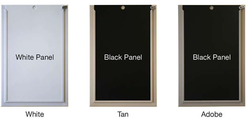 Anlin pet door closure panels in white, tan, and adobe finishes